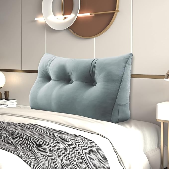 Bed Wedge Pillow for Headboard Large Bolster Pillow Reading Pillows for Sitting Up in Bed Adult, Triangular Backrest Cushion Book Pillows for Daybed Couch Support Upholstered（LightGray, Twin）