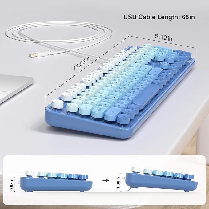 Computer Keyboard Wired, Plug and Play USB Retro Round Typewriter Keyboard, Full Size Wired Keyboard with Foldable Stands for Laptop and Office PC- Blue Gradient