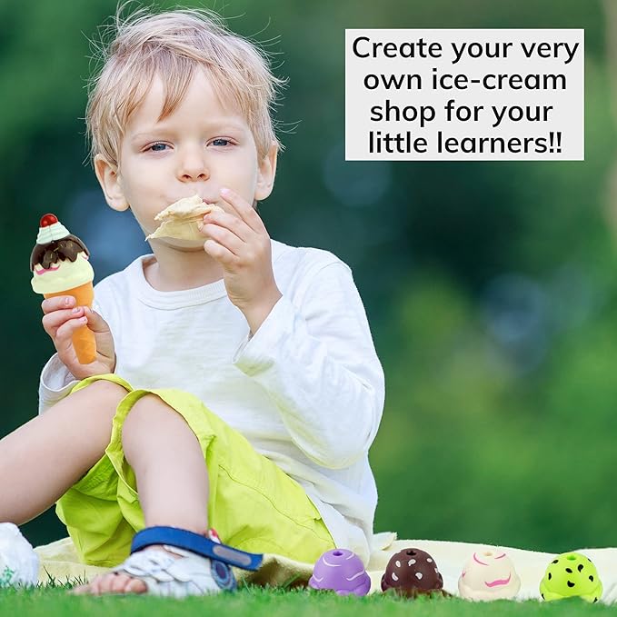 Kids Ice Cream Toy Set - Pretend Play Sweet Treats Ice Cream Parlour Dessert Accessories Playset with Cone and Scoop for Toddler Imaginary Play