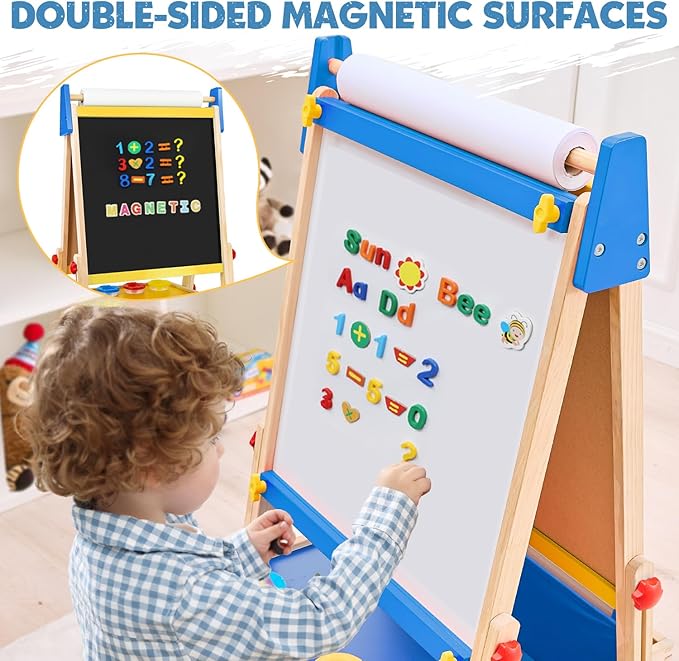 Art Easel for Kids Easel for Toddlers, Adjustable Wooden Kids Drawing Easel with Magnetic Whiteboard & Chalkboard, Kids Dry Erase Board, Easel for Kids Ages 3 4-8 9-12, Blue w/Bag