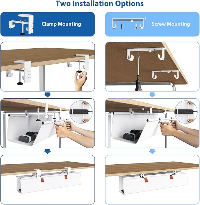 Zilink Under Desk Cable Management 30" No Drill Desk Cable Management Tray Clamp/Screw Mount Cable Tray Sturdy Waterproof Fabric Cord Organizer for Office, Home, White