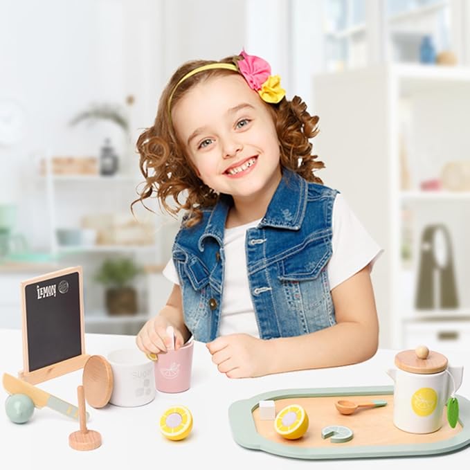 Lemonade Stand for Kids Tea Set Pretend Play Toys Tea Party Set Lemonade Stand Supplies No Assembly Required Non-Toxic Wooden Toys Tea Sets for Toddlers 3-5 Birthday Gift