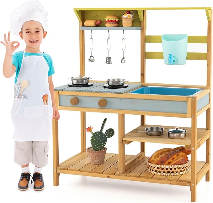 HONEY JOY Mud Kitchen, Fir Wood Outdoor Play Kitchen for Toddlers, Removable Sink, Real Water Tank with Faucet, Utensils, Pretend Play Mud Kitchen for Kids Outdoor, Gift for Boys Girls, Natural