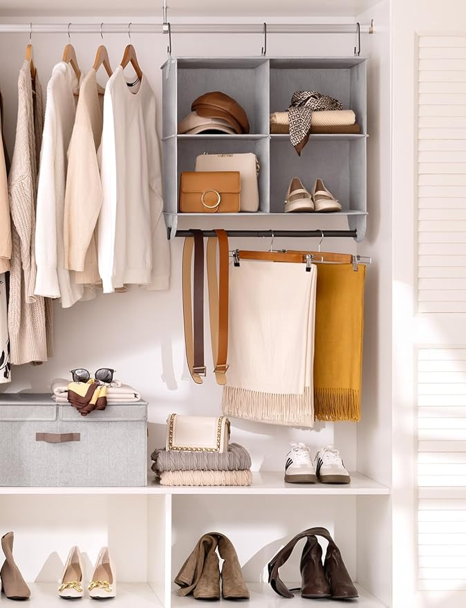 StorageWorks Hanging Closet Organizer with Metal Rod, 4-Section Closet Organizers and Storage, Collapsible Hanging Shelves for Closet, Bedroom, Kids Dorm Room, RV Camper, Gray and White