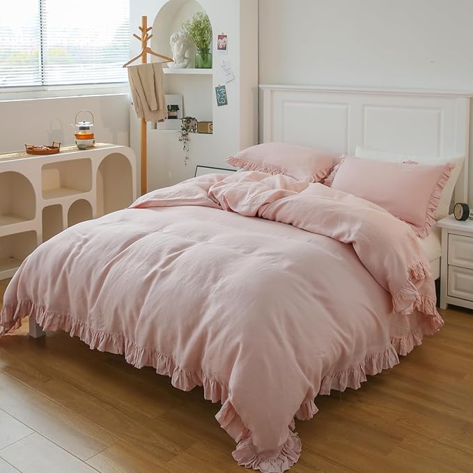 Simple&Opulence 100% Linen Duvet Cover Set, 3 PCS Natural French Flax Blush Pink Ruffle Duvet Cover Queen Size, Breathable Comfy Linen Bedding Comforter Cover with 2 Pillowcases(Blush Pink, 88" X 92")