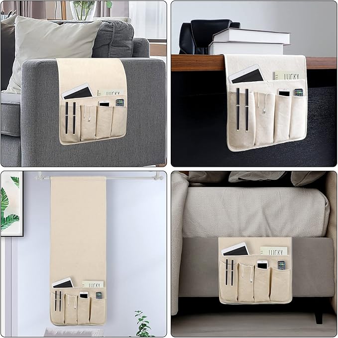 NB Sofa Armrest Organize remote holder bedside caddy organizer with 5 pockets，non-slip couch remote control holder couch armchair caddy accessories (Beige, 35"x12.4")