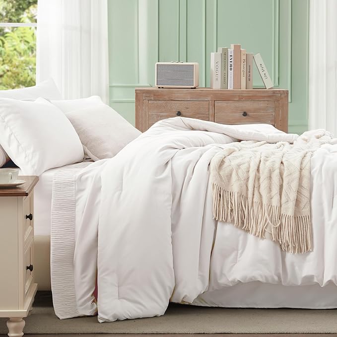 Anluoer White Twin Comforter Set 5 Pieces, Bed in a Bag with Sheets, All Season Bedding Sets with 1 Comforter, 1 Pillow Sham, 1 Pillowcase, 1 Flat Sheet, 1 Fitted Sheet