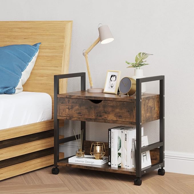 TigerDad Mobile Printer Stand with Storage Drawer, Utility Carts with Wheels, File Cabinet Workspace Desk Organizer Shelf for Home Office