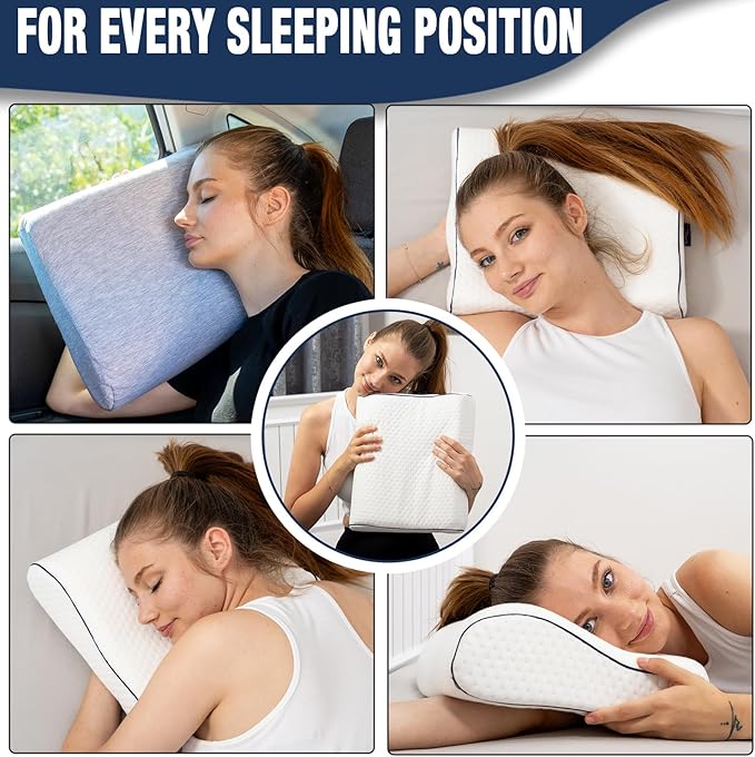alkamto Travel & Camping Comfortable Memory Foam Pillow – Easy to Carry Portable Bag – Temperature Regulating Pillow Case (White Contour + Extra Cover)