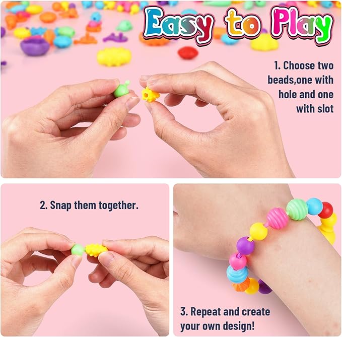 FUNZBO 650pcs Pop Beads - Jewelry Making Kit for 3 4 5 6 7 8 Year Old Little Girls, Arts and Crafts Toys for Kids, Necklace Bracelet Ring Creativity Snap Set Valentine Birthday Holiday Easter Gifts