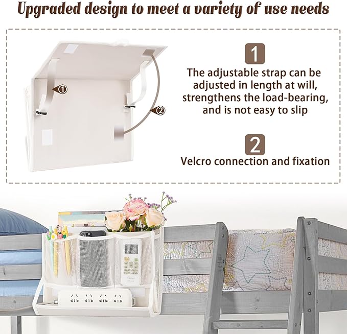 Bedside Caddy Bedside Storage Organizer Bedside Organizer with Power Strip Holder and 2 Adjustable Straps for Home Bunk Bed College Dorm Sofa (2 Pack White)