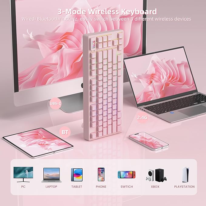 Womier 75% Pink Creamy Mechanical Keyboard Wireless with Color Multimedia Screen Gaming Keyboard, 3-Modes Hot Swappable Cute Key Board w/Wrist Rest, Gasket RGB Custom for Mac/Win (SK80 PRO)