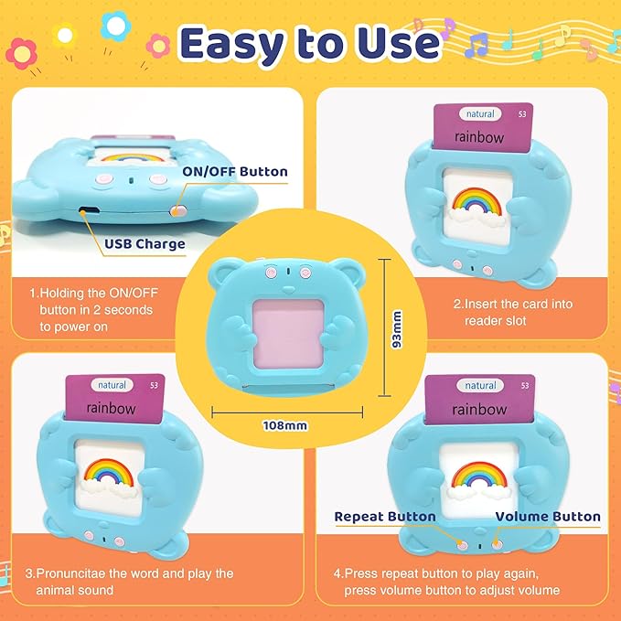Toddlers Talking Flash Cards, Baby Learning Cards with 224 Sight Words, Educational Toy Gifts for Toddler 3-12 Year Old Boys and Girls, Montessori Toys, Speech Therapy, Autism Sensory Toys, Blue