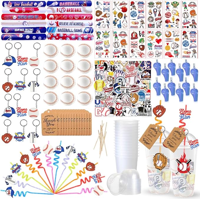 Baseball Party Favors, 172 pcs Birthday Party Supplies contains Cups, Straws, Whistles, Bracelets, Keychains, Stickers, Soft Balls, Tatoo Stickers, Thank You Tags for Sport Themed Birthday Decors