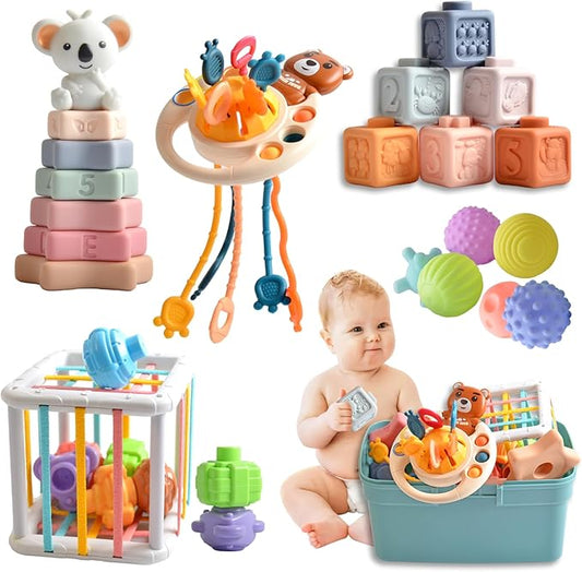 Baby Toys 6 -18 Months，Montessori Toys for Babies 1-2 Years Old,Includes Bear Drawstring Toys, Koala Stacking Blocks & Baby Rattle & 6-Color Squeeze Sensory Balls,Developmental Toys for Children