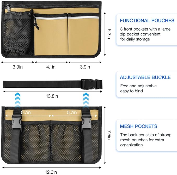 Wheelchair Bag, Walker Bag, Wheelchair Side Bag, Armrest Organizer Pouch with Cup Holder Attachment and Reflective Strip, Accessories for Most Wheelchairs, Walker, Rollators (Khaki)