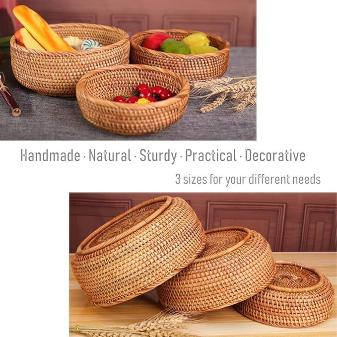 amololo 3 Pack Hadewoven Round Rattan Fruit Basket Wicker Food Tray Weaving Storage Holder Dinning Room Bowl, 10 Inch Small Wicker Basket Serving Tray Woven Basket for Bread,Snack,Brown(3-Size Kit)