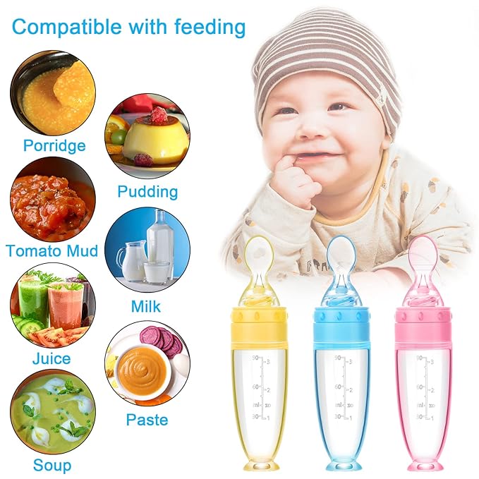 Tondiamo 3 Pieces Baby Food Feeder 3oz Silicone Baby Food Spoon Dispenser with Standing Base for Infant Dispensing and Feeding