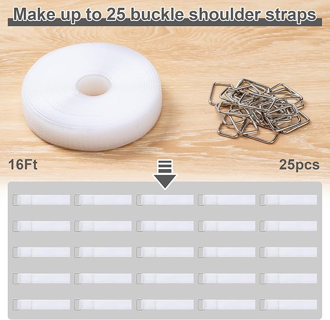 1" x16Ft Hook and Loop Straps with 25 Metal Buckles, Adjustable Fastening Cable Straps, Free Cut Length, Reusable Nylon Cable Ties for Organizer or Storage, White