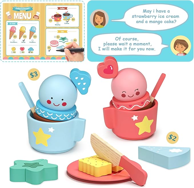 42PCS Wooden Kids Coffee Maker Toy Play Set 3 in 1 Ice Cream Dessert Maker Playset Toy,Pretend Play Food Kitchen Accessories,Montessori Shape Sorter Toy for Girl and Boy