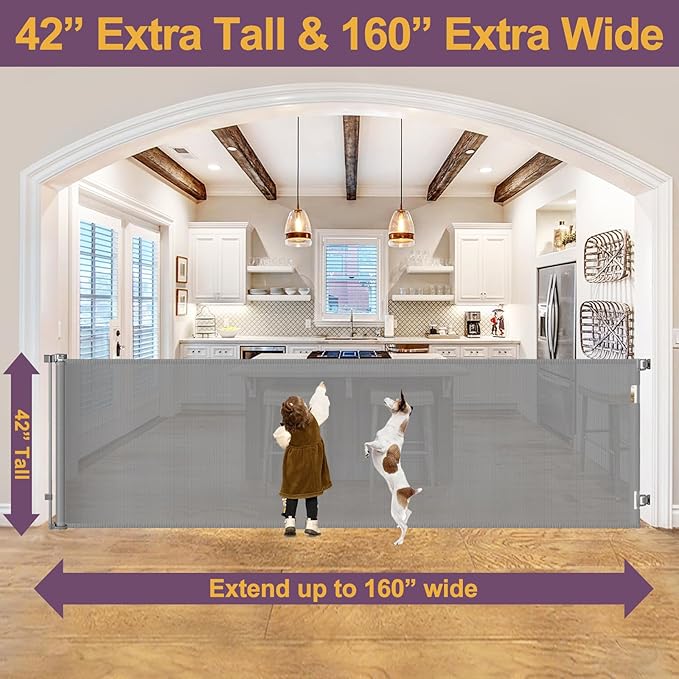 42" Tall X 160" Extra Wide Retractable Dog Gate, Extra Tall Pet Gates for Wide Openings, Extra Long Baby Gates for Doorways Tall Mesh Dog Gate Indoor Child Safety Gate Outdoor Deck Gate, Gray