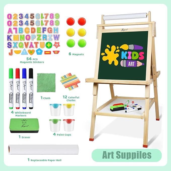 Joyooss Art Easel for Kids with Double-Sided Magnetic, Wooden Standing Kids Easel with Dry Erase Whiteboard & Chalkboard, Height Adjustable Children Easel with Paper Roll, Bonus Toddler Art Supplies