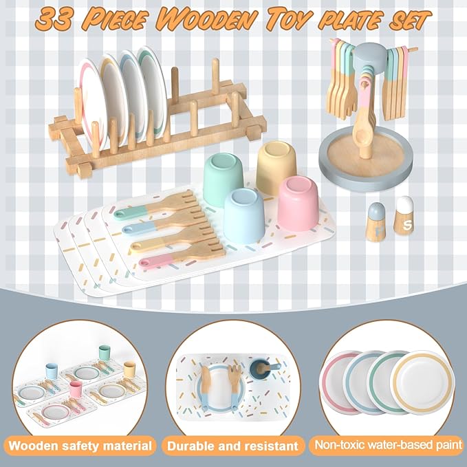 IIFONII 33PCS Kids Kitchen playset Wooden Kitchen Set for Girls and Boys, Montessori Toys for 1-6 Year Old Toy Dishes Baby Kitchen Set, Pretend Wooden Play Kitchen Accessories Toys for Toddlers