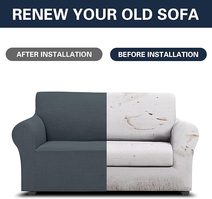 2025 New Stretch Loveseat Sofa Slipcovers Couch Cover for 2 Cushion Furniture Protector Sofa Covers with Elastic Bottom Jacquard Fabric Small Checks for Pets, Kids - Grey