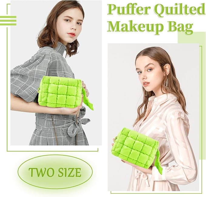 Puffer Quilted Makeup Bag Cosmetic Bags,Puffy Travel Toiletry Pouch for Women,Cute Checkered Zipper Bag Travel Essential,Portable Aesthetic Make up Organizer Bag for Gifts Work Daily(LightGreen,S)