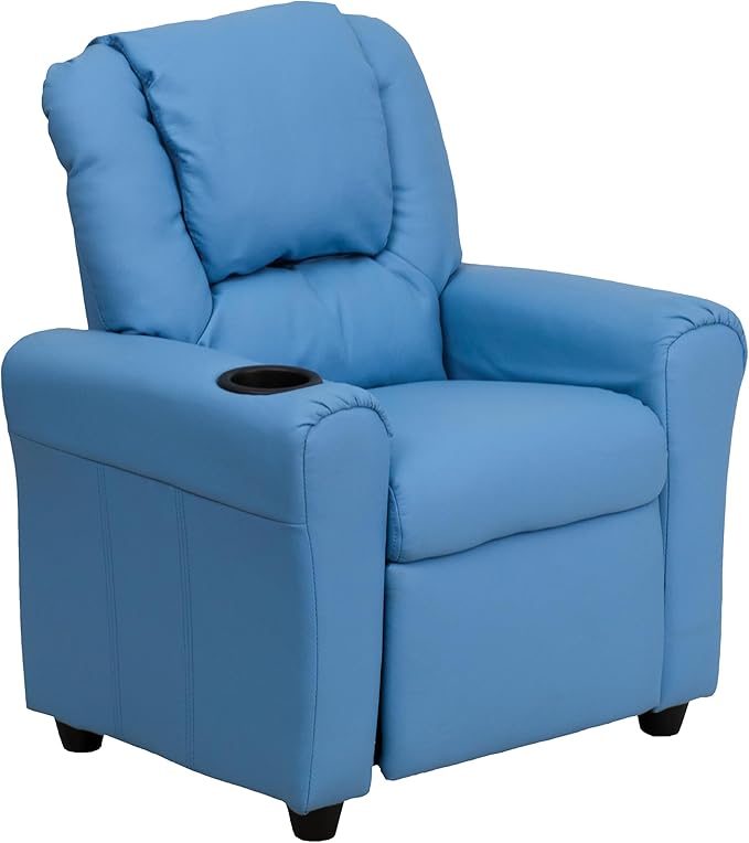 Flash Furniture Vana Vinyl Kids Recliner with Cup Holder, Headrest, and Safety Recline, Contemporary Reclining Chair for Kids, Supports up to 90 lbs., Light Blue