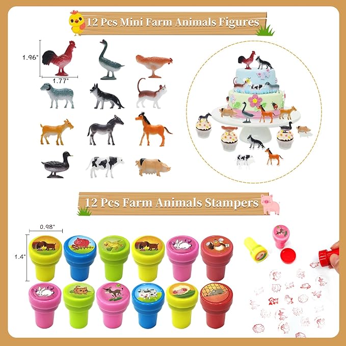 Farm Animals Party Favors Supplies 108 Pcs Birthday Party Decorations Goodie Boxes Bubble Wands Stampers Rubber Pigs Figures Keychains Pull Back Cars Slap Bracelets Stickers Toys For Kids Boys Girls