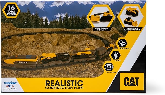 CAT Construction Toys, Little Machines Power Tracks Battery Operated Train Set, Engine with Working Headlight, 3 Rail Cars, Working Crane, 2 Magnetic Cargo Containers, and 2 CAT Trucks for Kids