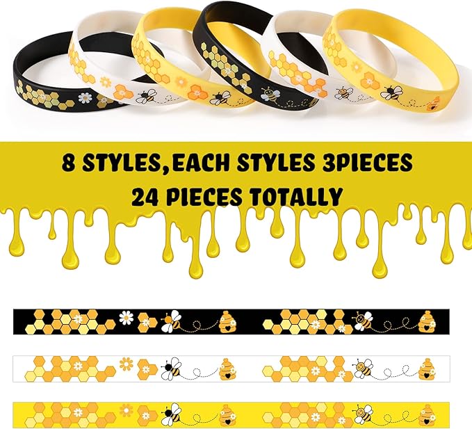 Bee Bracelet Silicone Bee Wristband Assorted Color Bee Theme Party Favors Bee Teachers Decorations Classroom Decorations Bees Wristband for Boy Girl Bee Birthday Baby Shower Party Supplies (24 Pieces)