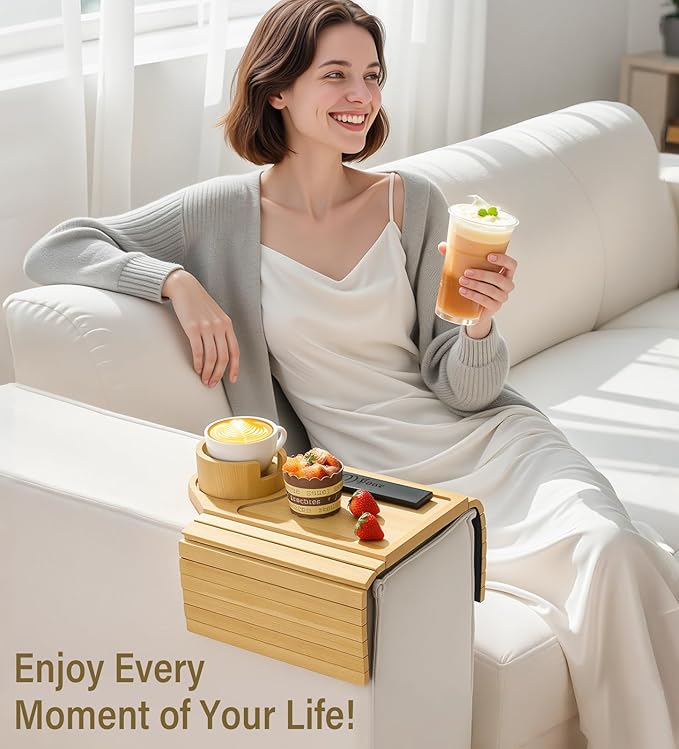 Couch Arm Tray, Bamboo Sofa Table for Couch, Sofa Arm Tray with Cup Holder, Non-Slip Armrest Organizer for Drink, Cup, Snack, Control, Easy to Clean, Natural