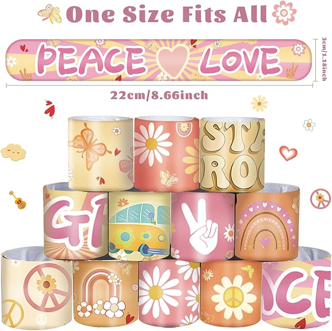 60 Pieces Groovy Slap Bracelets Hippie Boho Wristbands Daisy Flower Peace Rainbow Butterfly and Love Bracelets for 60s 70s Groovy Party Favors Gifts Birthday Party Supplies Decorations