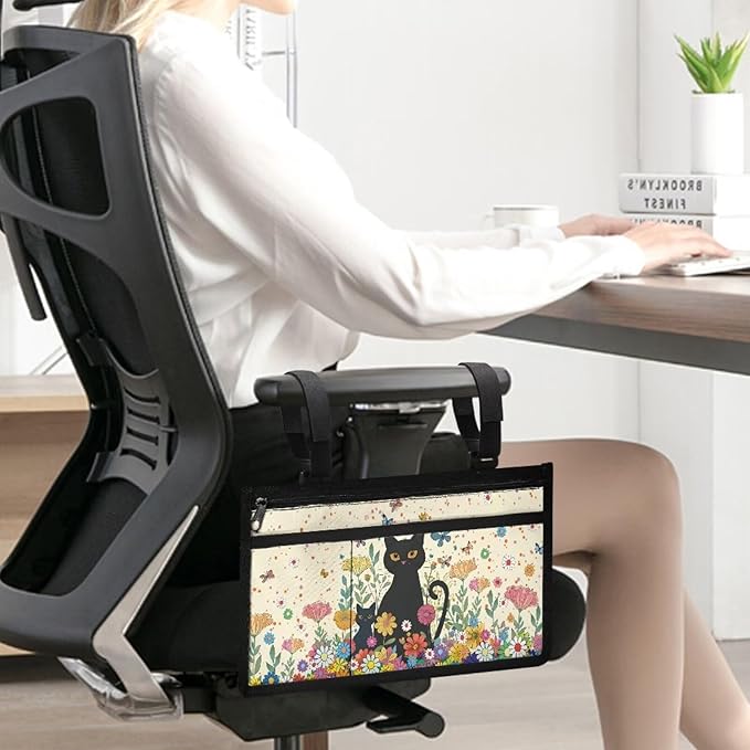 ZOUTAIRONG Wheelchair Bag wiht Cup Holder for Adults Walker Bags and Pouches Wheelchair Bags to Hang on Side Power, Black Cats Flowers