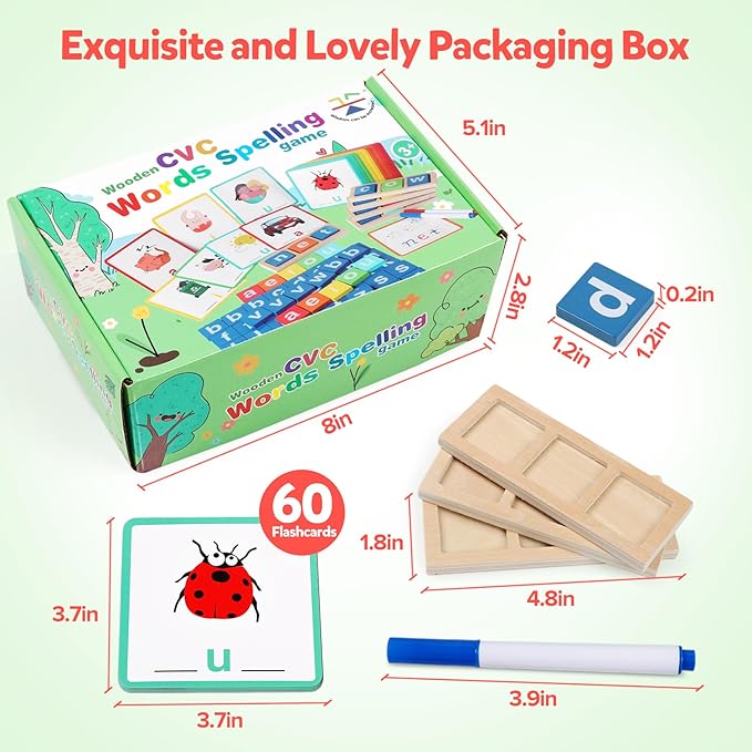 Wooden Reading Alphabet CVC Word Spelling Games Short Vowel Sight Words Flash Cards Preschool Kindergarten Learning Activities Montessori Educational Toy Gift for Kids 3 4 5 Years Old