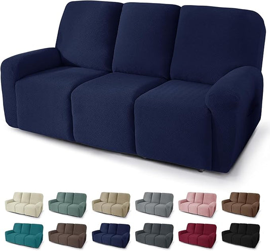 JIVINER 5 Pieces Recliner Sofa Covers Stretch Recliner Sofa Slipcover with Elastic Bottom Jacquard Fitted Reclining 3 Cushion Couch Cover Furniture Protector with Pockets (3 Seater, Navy Blue)
