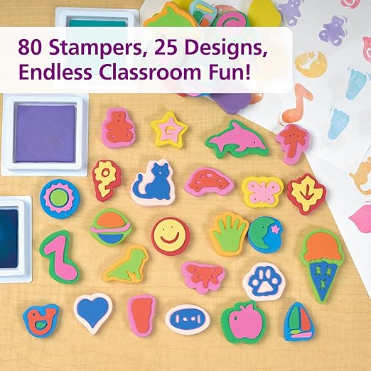 Colorations Mega Foam Stamper Mix, Bulk, Value Pack, 80 Stamps, 25 Assorted designs, EVA Foam, for Kids, Arts & Crafts, Educational, Gift, Non-Toxic, Learning, Stamping
