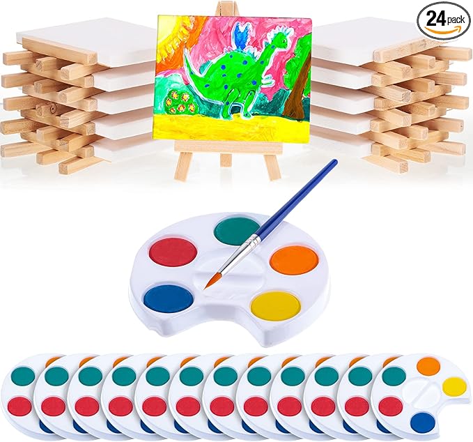 Glenmal Watercolor Paint Sets 3 x 4 Small Painting Canvas with Easel Paints Brush Set Kids Art Party Favors and Party Supplies Washable Watercolor Bulk for Kids Birthday Prizes (24 Sets)