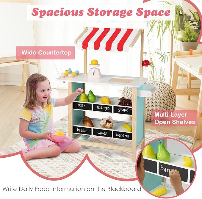 FUTADA Kids Grocery Store Prend Play Cart, Wooden Toy Shop with Ice Cream Toy, Scales, Bell, Chalkboards, Canopy, Wheels, Ice Cream Truck Toys for Kids, Gift for Boys Girls Ages 3+ (Red)