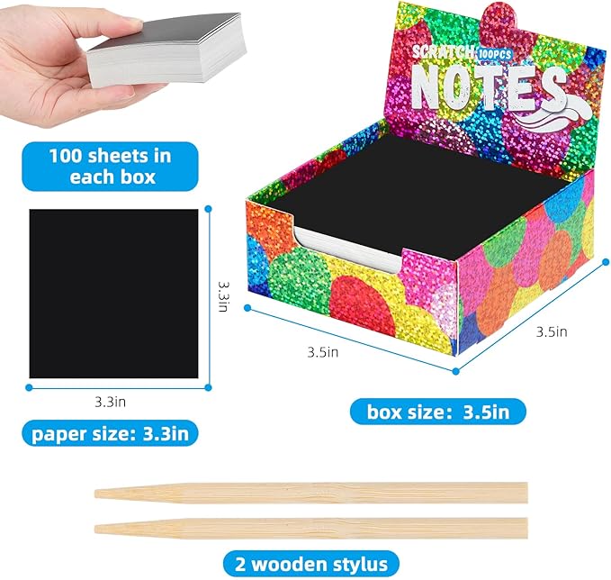 BESTING Scratch Mini Art Notes 200 Sheets Silver Holographic Scratch Off Paper Cards with 4 Wooden Stylus for Kids Arts Craft Kits for Girls Boys Games Party Favors Birthday Halloween (SP200SV)