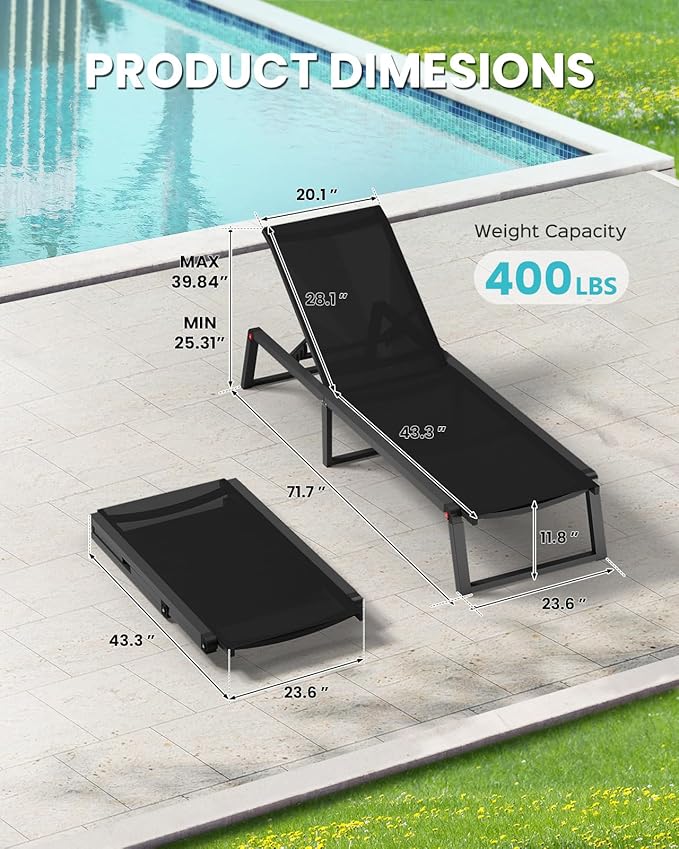 Aluminum Chaise Lounge Outdoor Set of 2, Foldable & Assembly Free Patio Pool Lounge Chairs 5-Position Recliner for Outside Poolside, Fully Grounded Legs Sun Lounger for Beach, Yard, Black