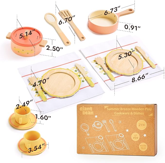 Giant bean Play Dishes for Kids Kitchen, Wooden Kitchen Toys Set Including Play Dishes, Pot and Pan, Utensils, Montessori Play Accessories for 3 4 5 Years Old Girls and Boys Gifts
