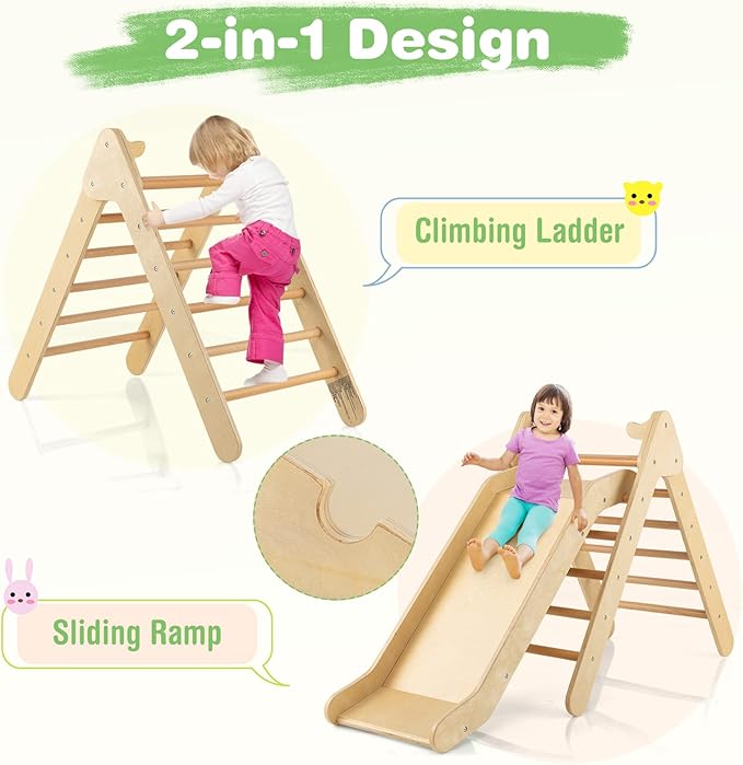 HONEY JOY Triangle Climber with Ramp, Kids Climbing Triangle Ladder for Daycare, Gym & Playground, Wooden Montessori Climbing Toys for Toddlers, Gift for Boys Girls