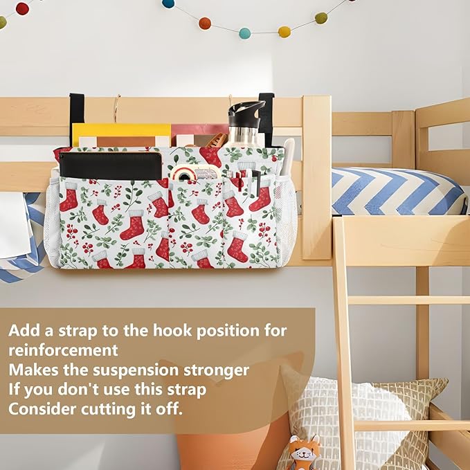 Red Stockings Holly Christmas Bedside Caddy for Dorm Bed Bedside Hanging Caddy Bag Iron Frame Storage Organizer Pocket for Bunk Home College Hospital Beds 2 Hooks
