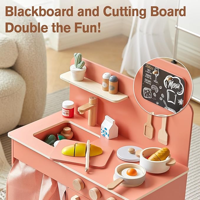 Giant bean Wooden Play Kitchen, Nordic Play Kitchen for Toddlers 1-3, with Cookware Accessories, Pretend Cooking Food Set for Toddlers Boys & Girls