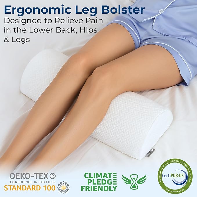 5 STARS UNITED Knee Pillow for Back Sleeping – Memory Foam Cushion for Sciatica Pain Relief – Under Leg Support for Sleeping on Back – Half Moon Bolster for Bed, White