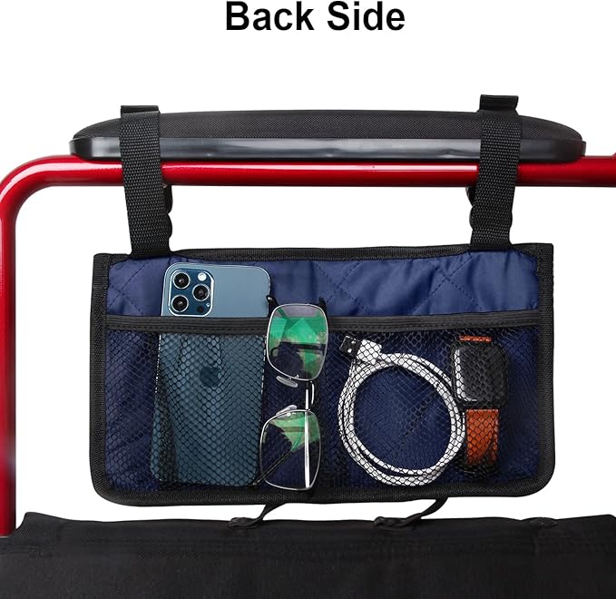 Wheelchair Side Bag, Armrest Storage Pouch with Cup Holder and Reflective Strip for Wheelchairs, Walkers or Rollators (Blue)