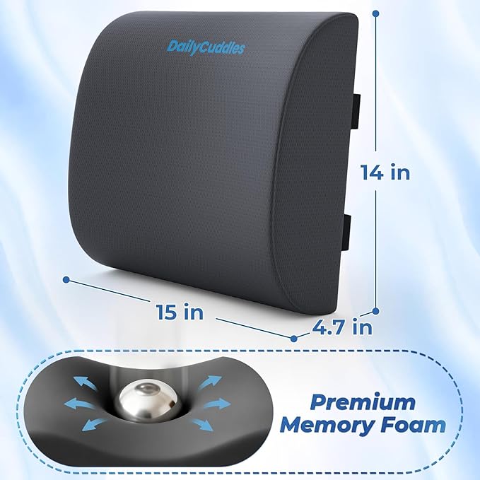 Lumbar Support Pillow for Office Chair Back Support - Memory Foam Lumbar Pillow for Car or Gaming Chair, Ergonomic Back Cushion with Adjustable Strap for Long-Hour Sitting (Grey,X-Large)